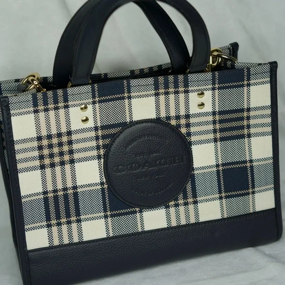 Coach Navy and Cream Plaid Satchel - Picture 2 of 7